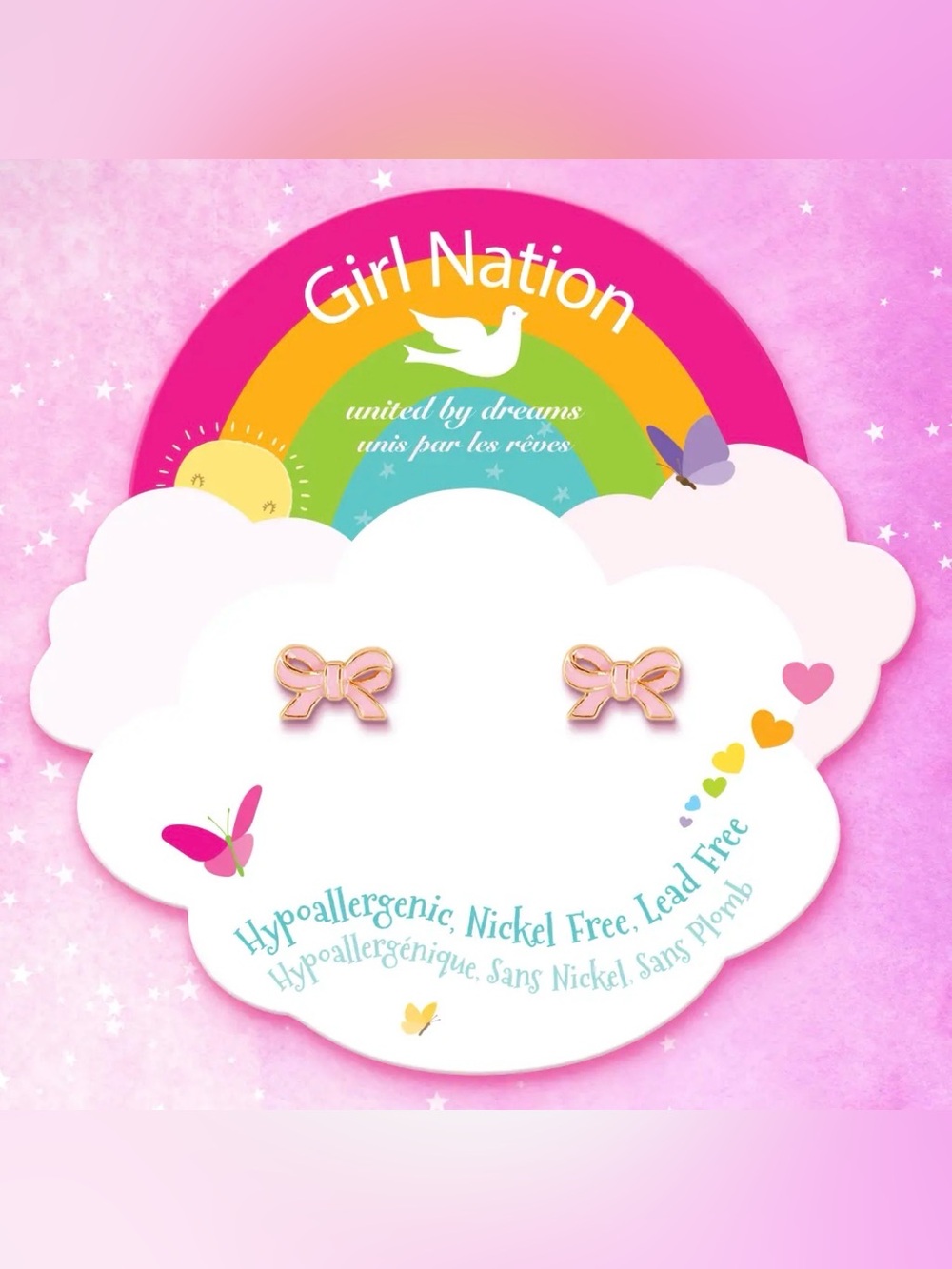 Girl Nation Pretty Pink Bow Cutie Stud Earrings Hypoallergenic Nickel Free